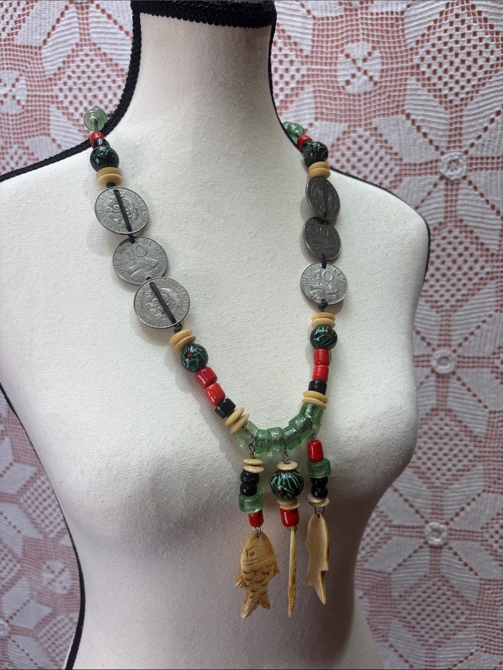 Handcrafted Artisan Peruvian Coin Necklace | Fish Carvings & Glass Beads
